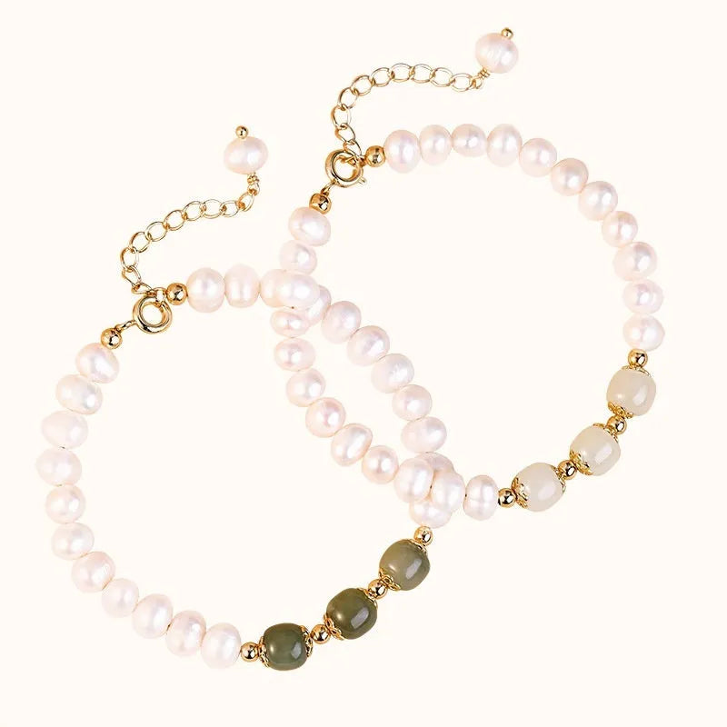 Korean style freshwater pearl bracelet in diamond shape, electroplated in Hetian jade colour.