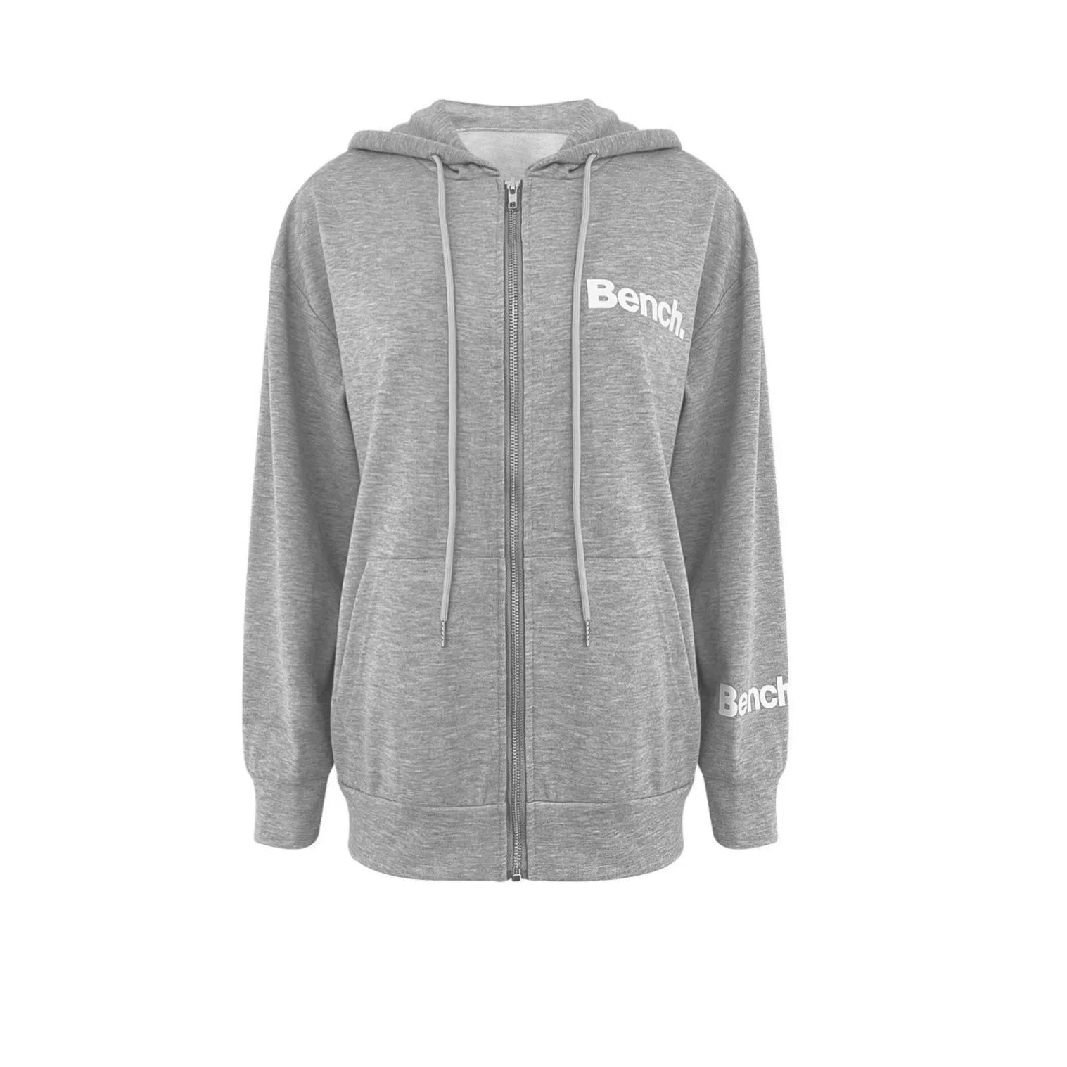 Grey loose fit zip-front hooded polyester coat on hanger