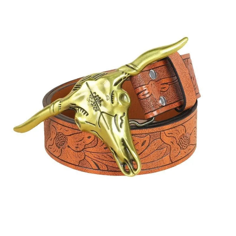 Men's brown imitation leather belt with detailed cow head alloy buckle showing carving and embossing details