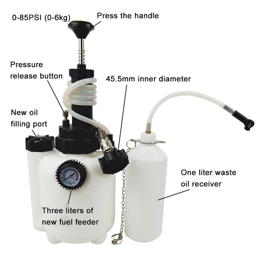 White 3-litre brake oil tank and replacement tool for automotive service.