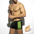 Men's polka dot print swimming boxers in nylon, shown in black, dark blue, and yellow colour options.