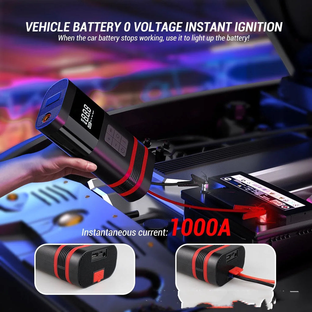 Black portable car jump starter power bank with LED display and attached cables on a grey background