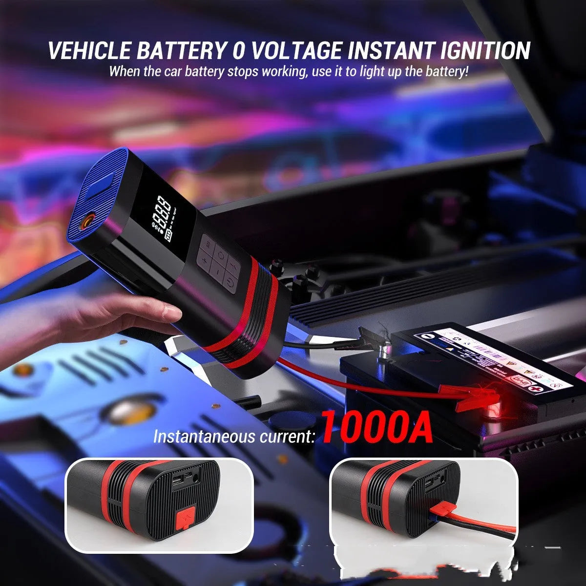 Black portable car jump starter power bank with LED display and attached cables on a grey background