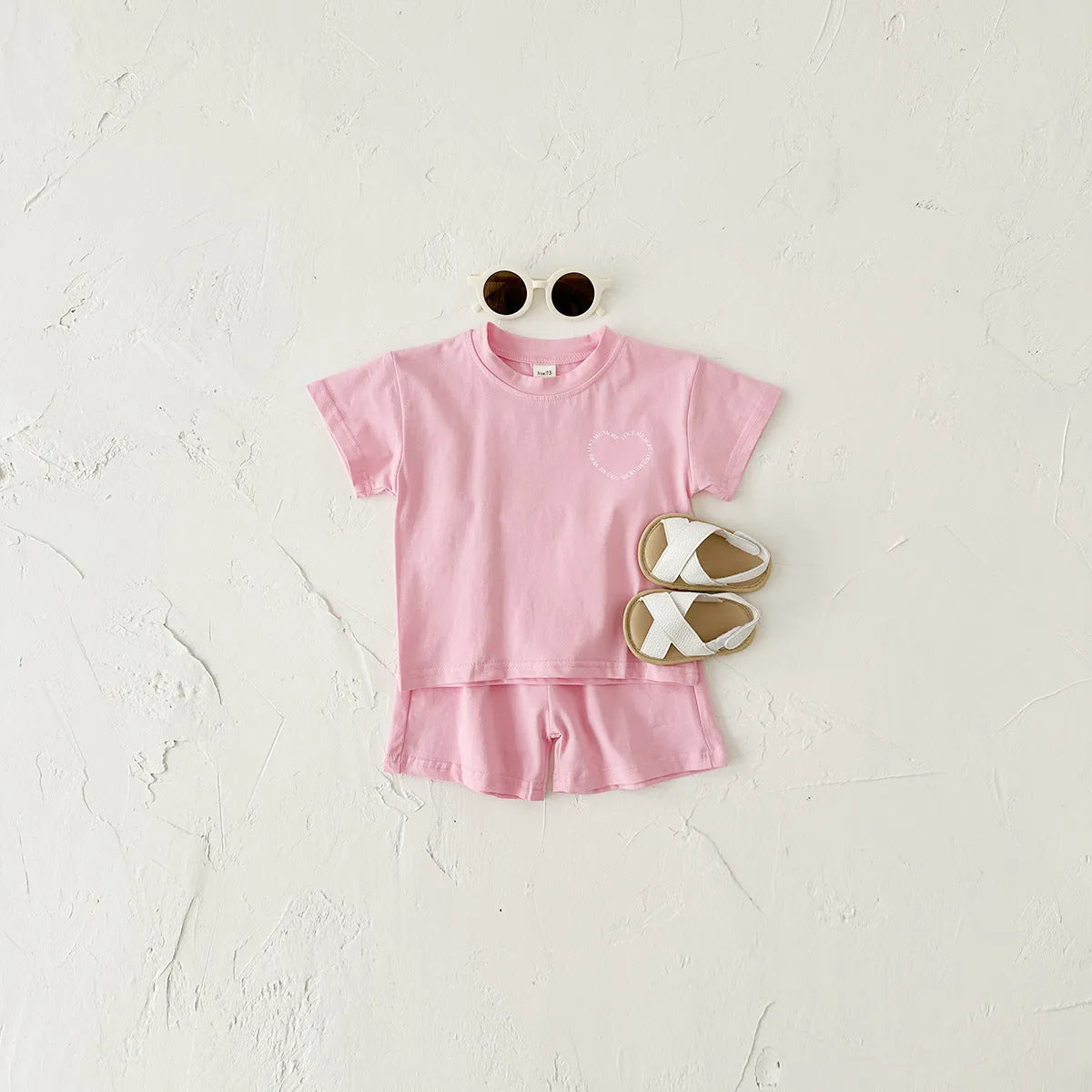 Korean style baby cotton two-piece suit set with heart printing and plaid pattern in white, pink, or grey