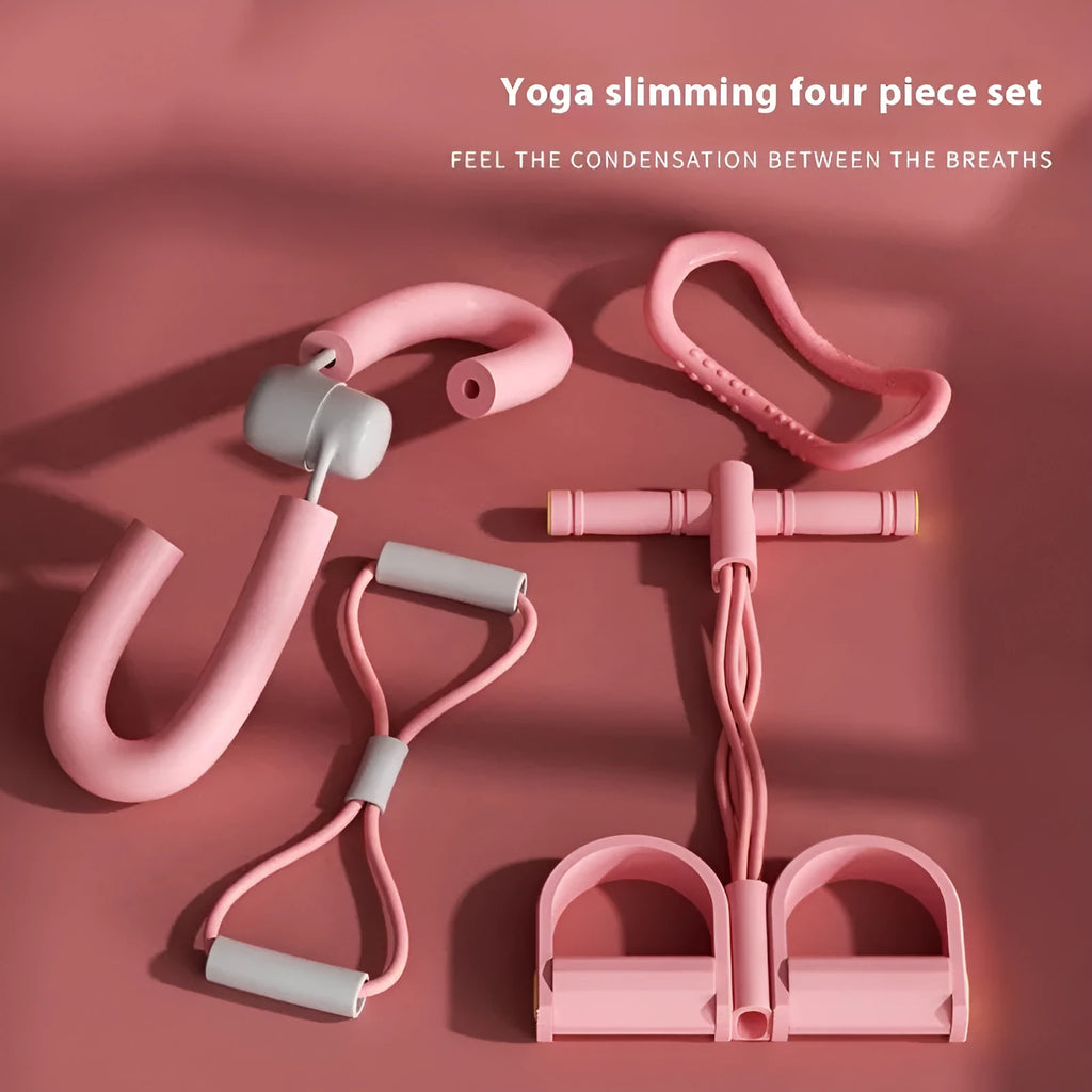 Yoga four piece set showing leg beauty device, yoga ring, pedal puller, and figure eight tension rope for home workouts.