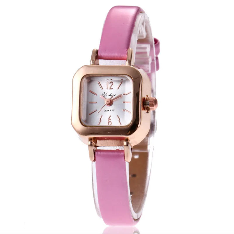 Women's retro fashion watch with alloy case, 10mm thick, shown in black, white, pink, or brown