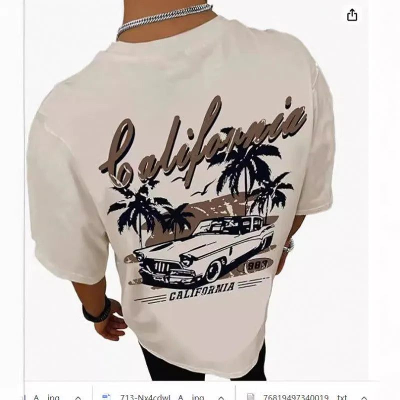 Men's grey printed street style short-sleeved sports t-shirt on a hanger.