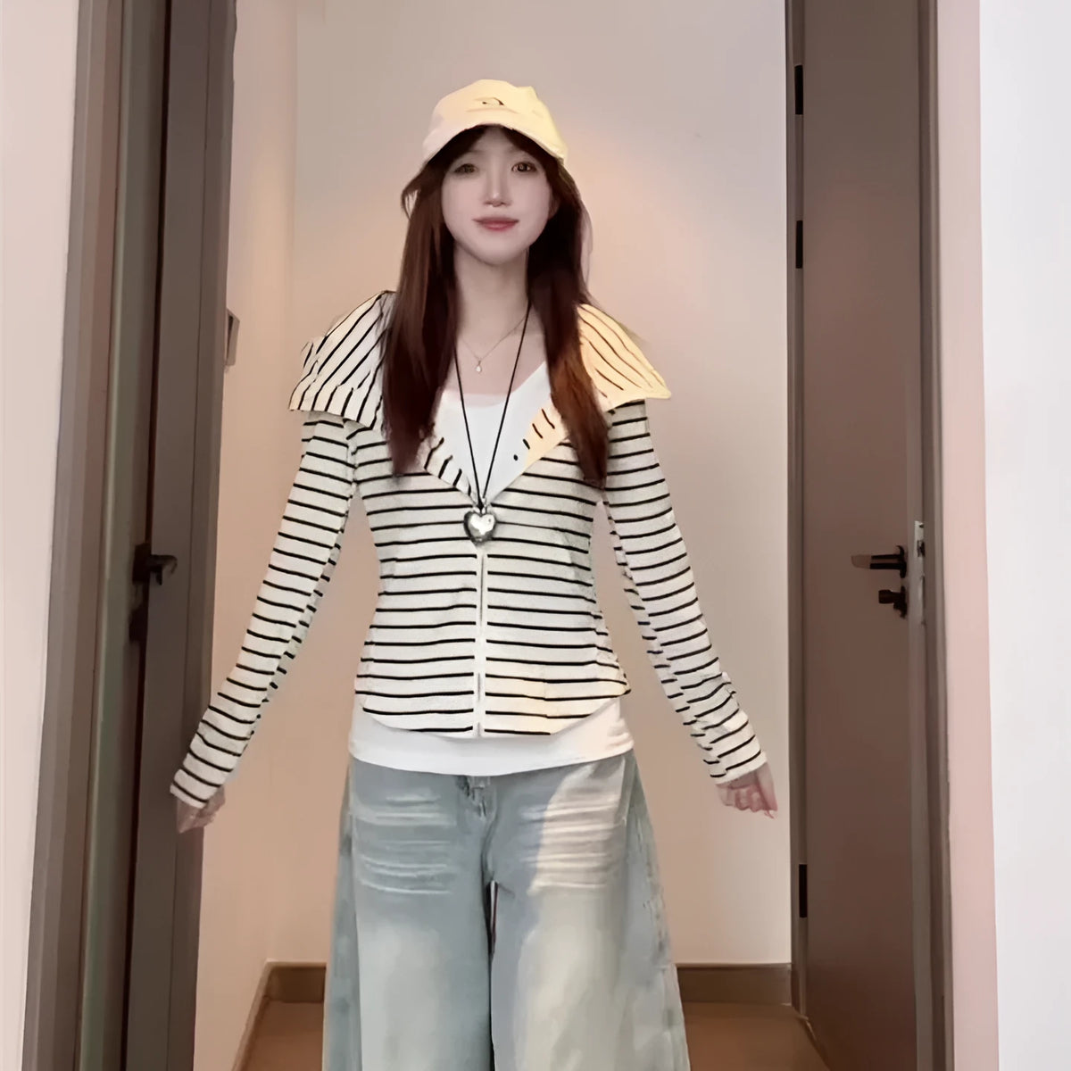 Women's striped hoodie coat with drawstring style and regular sleeve