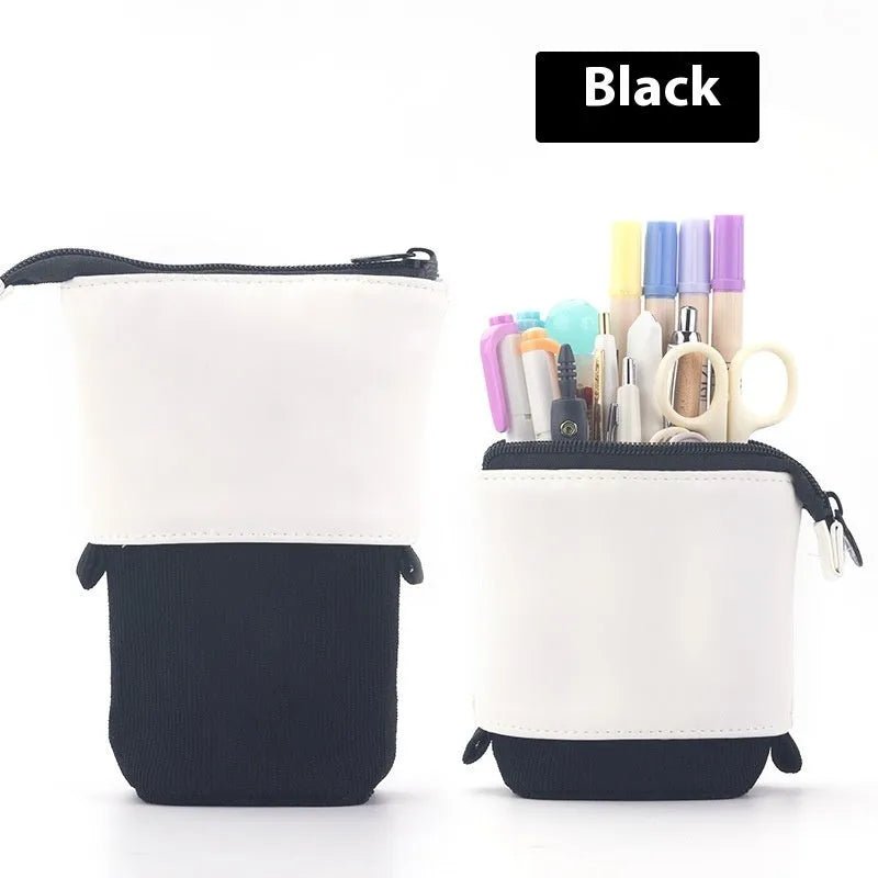Soft PU corduroy telescopic pencil case in purple colour with drop-down open design.