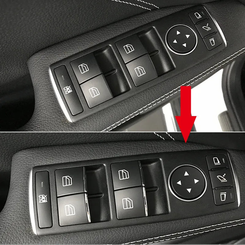 Black ABS plastic decorative sticker for car window lift button on door panel.