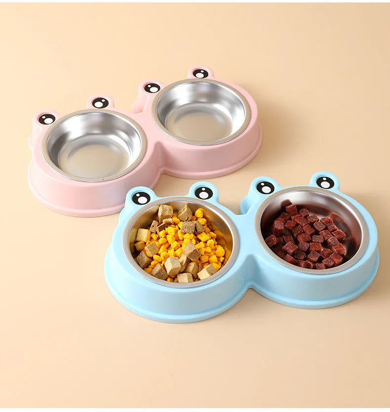 Stainless steel pet bowl with frog decoration and double compartments for food and water separation