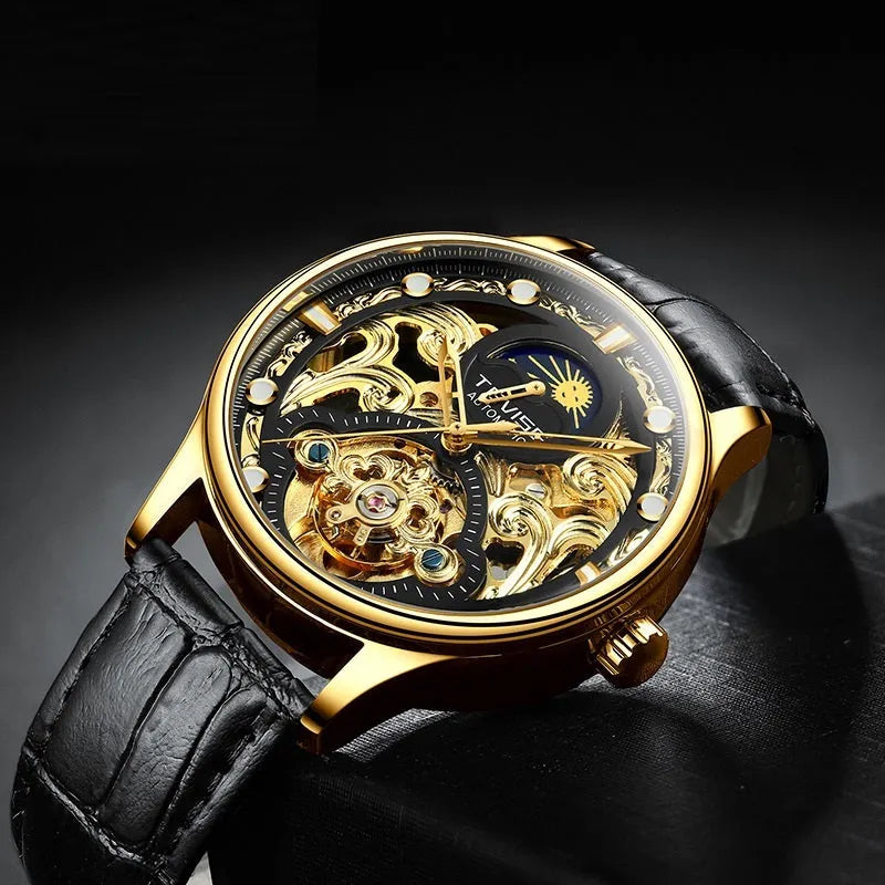 Men's gold and white leather strap automatic waterproof mechanical watch.