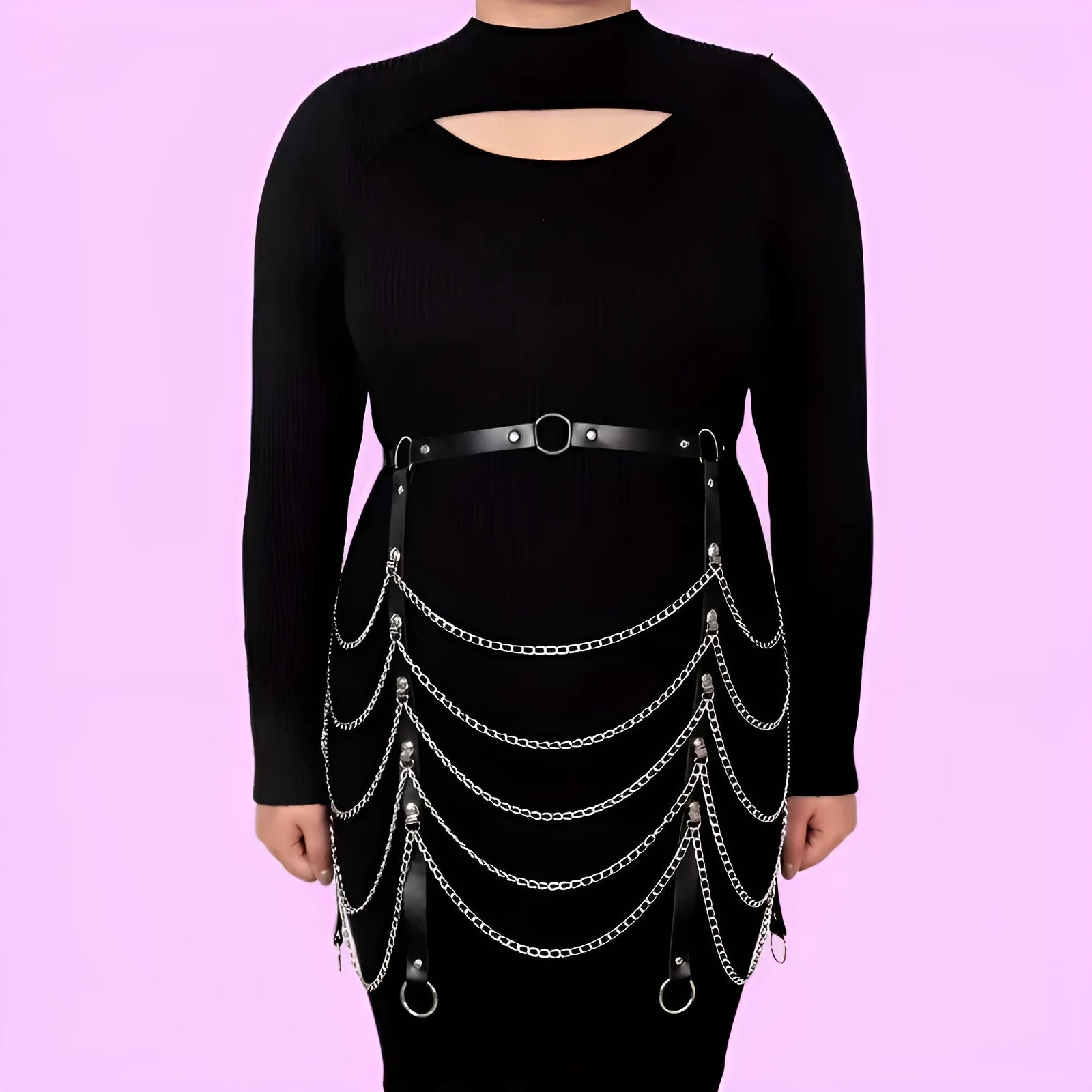 Black PU leather adjustable waist chain with metallic chain detailing for women