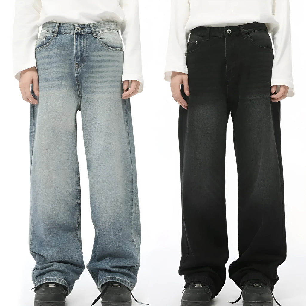 Men's loose straight washed cotton jeans in black gray, front view