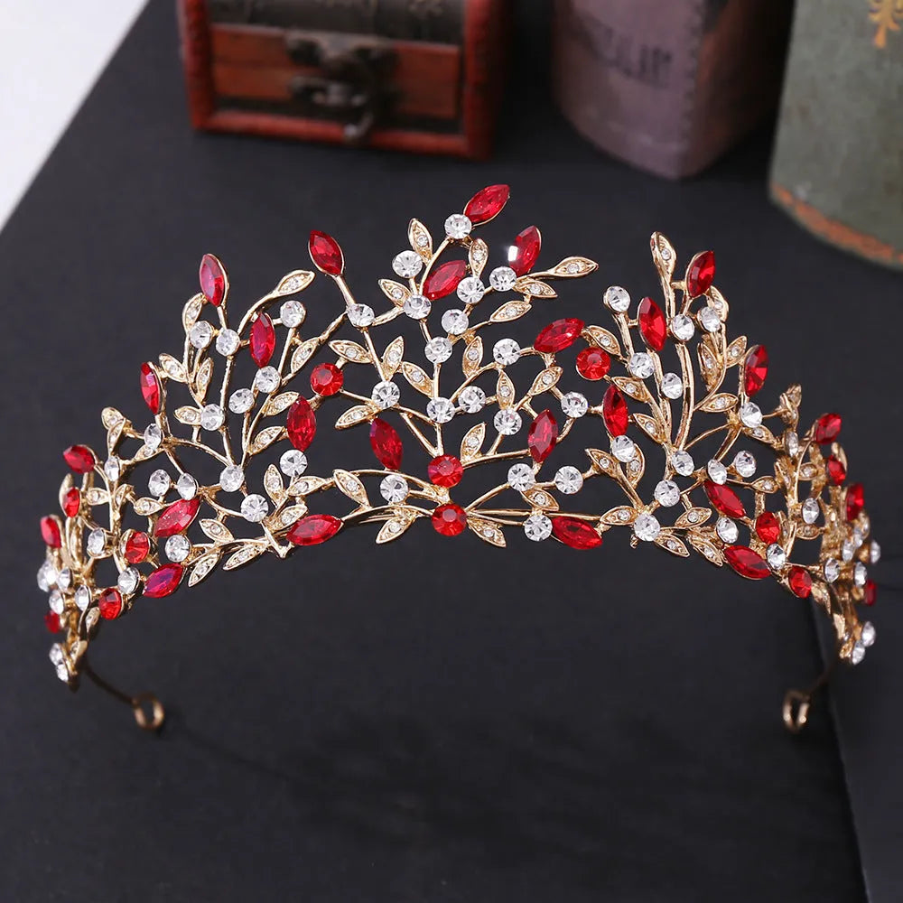 Vintage rhinestone crown headdress in alloy, 15 x 6.5cm, with green phantom quartz crystal and electroplated finish.