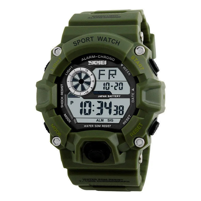 Waterproof electronic sports watch with round dial and plastic strap in army green colour.