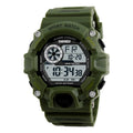 Waterproof electronic sports watch with round dial and plastic strap in army green colour.