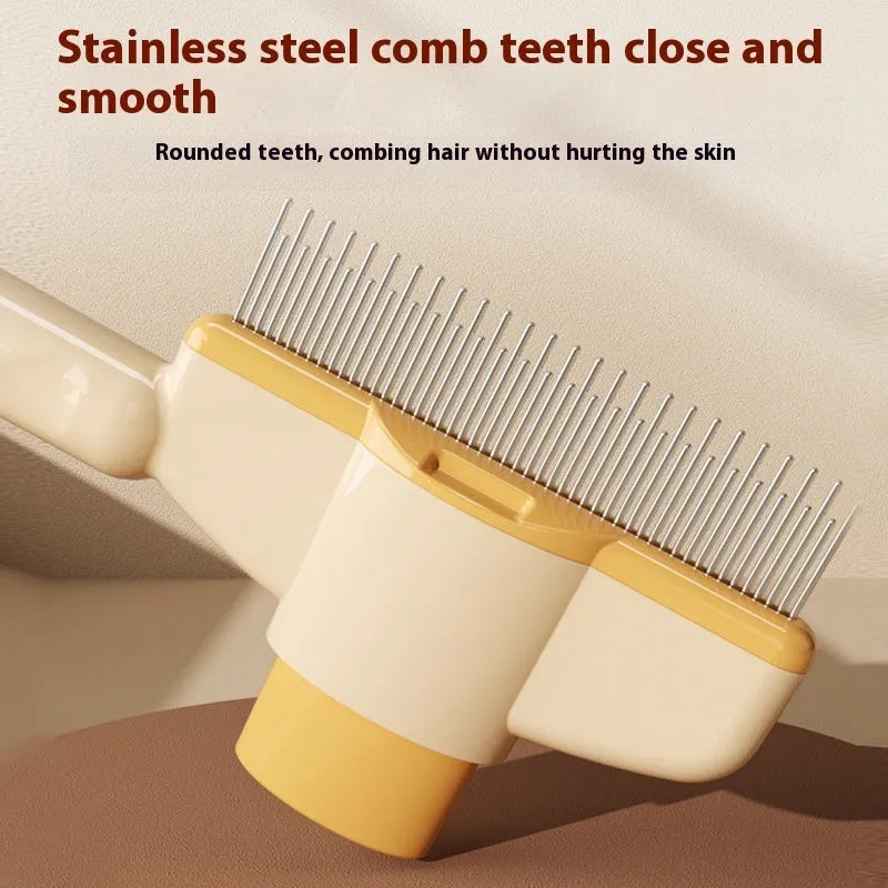 Yellow self-cleaning pet comb with stainless steel teeth and release button
