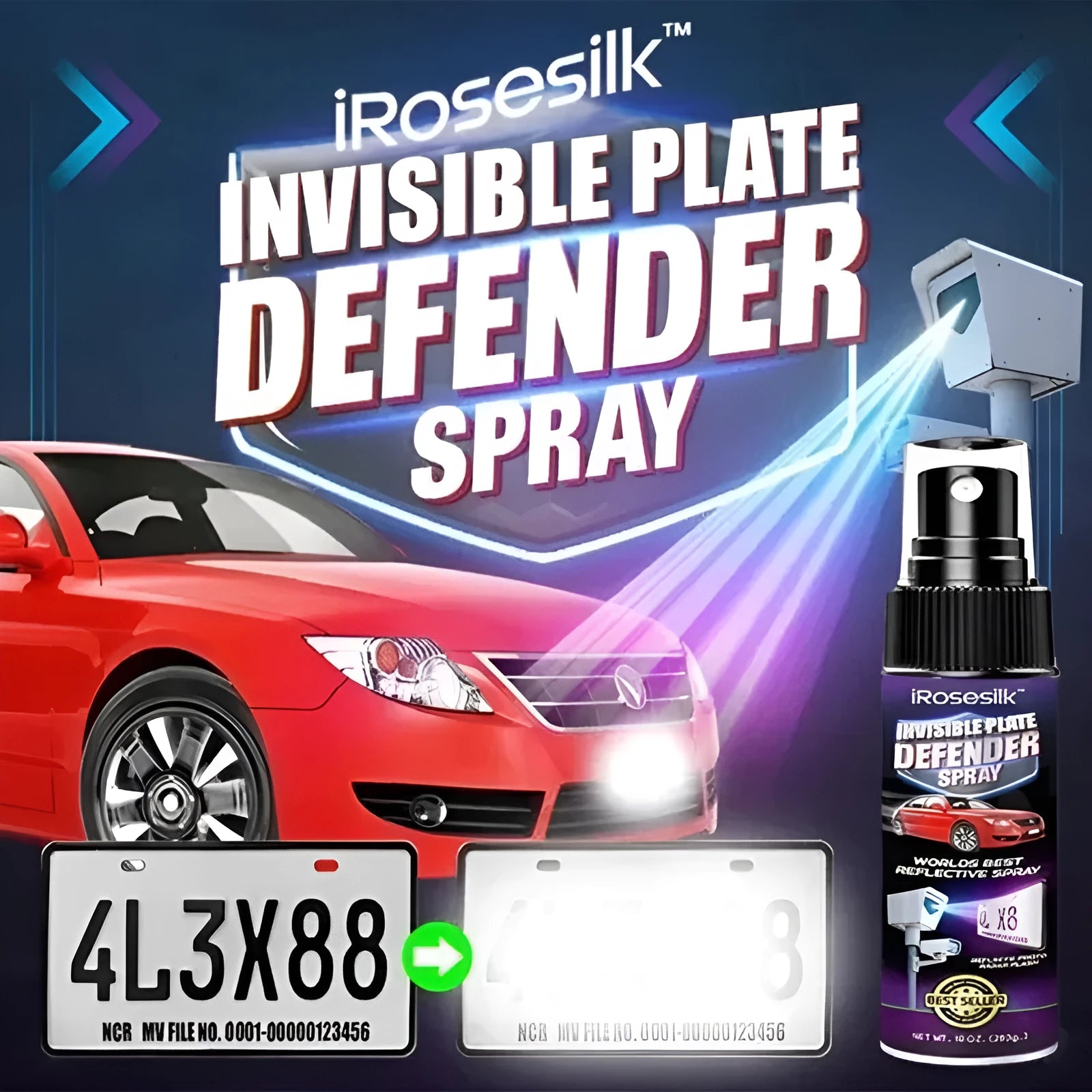 Invisible license plate spray clear coat 30ml PET bottle with label and spray nozzle on a white background