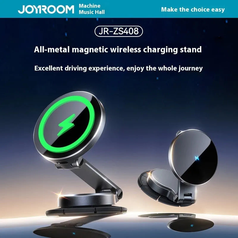 Black zinc alloy wireless charging car phone mount attached to a windscreen
