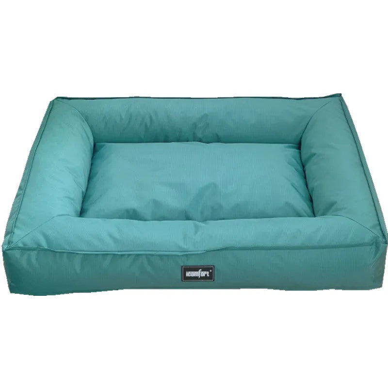 XL wooden waterproof dog mat in sky blue, removable from a kennel.