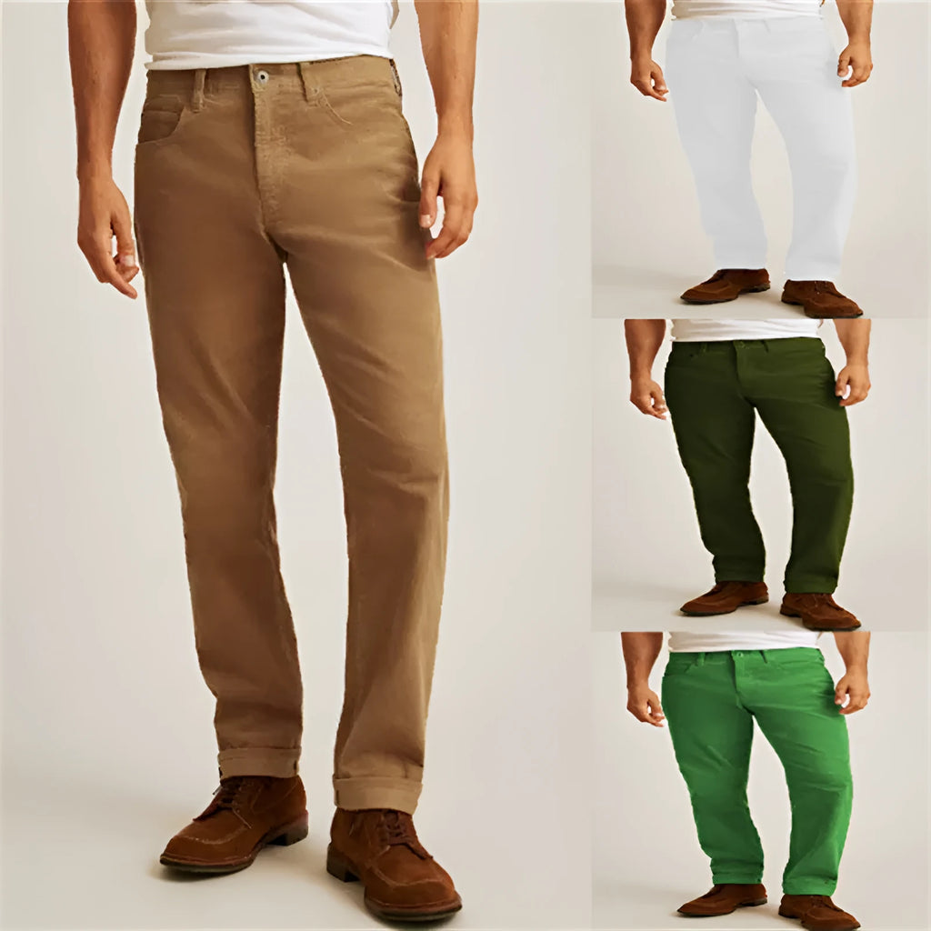 Army Green loose straight-leg corduroy trousers with a mid waist and zip fly