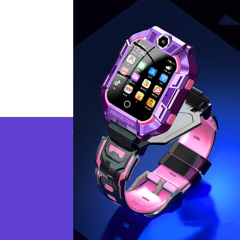 Children's smartwatch with GPS tracking and 4G connectivity in green or purple colours