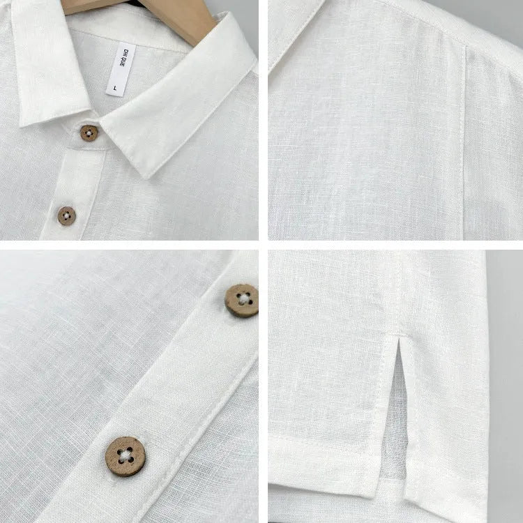 Man wearing a loose-fit light grey linen V-neck short-sleeve top on a summer day.