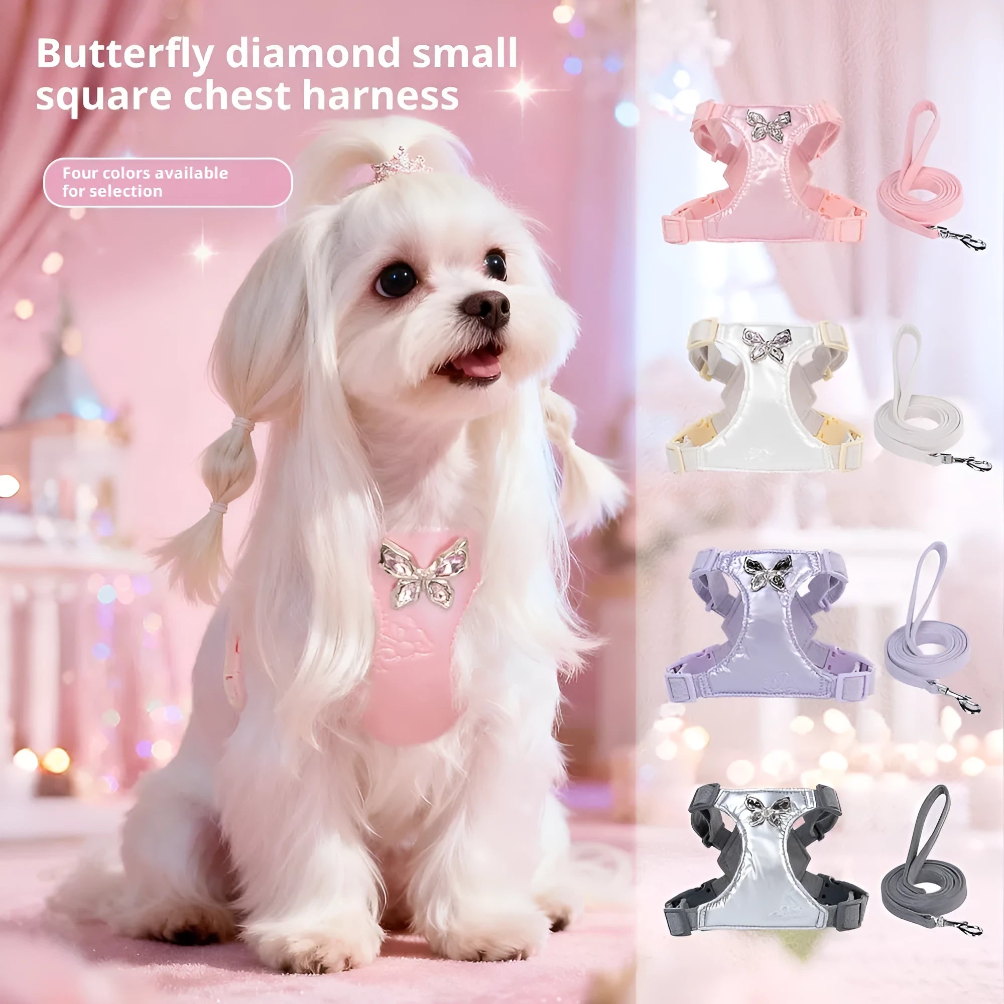 Small dog chest strap with metal butterfly hand-holding rope in mousse powder colour on a small dog