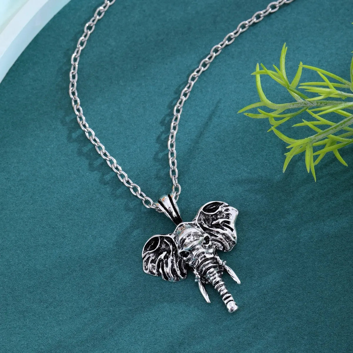 Elephant god pendant necklace in silver and black with stainless steel chain
