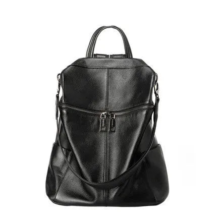 Genuine leather women's retro backpack showing sewing thread details and sandwich pocket