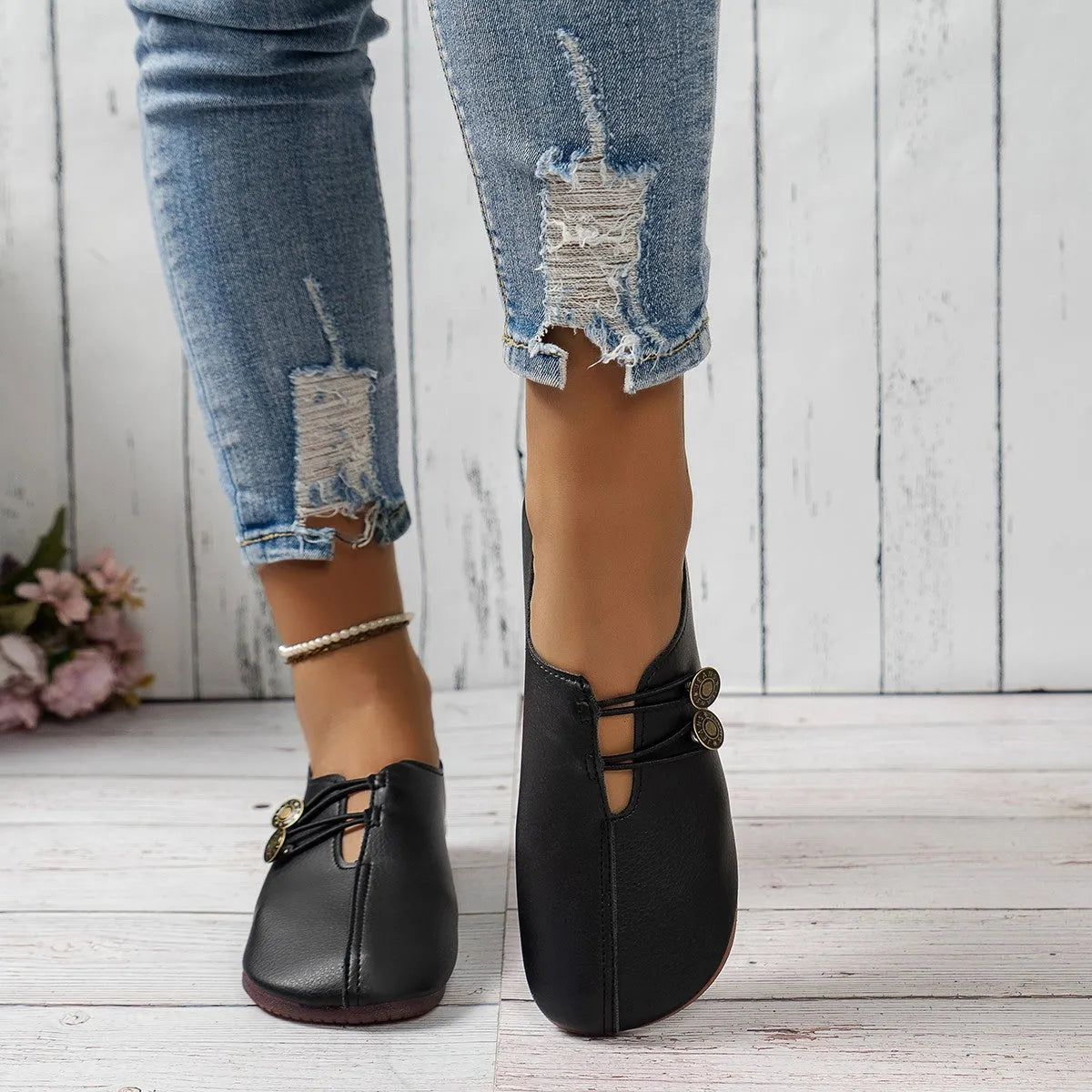 Women casual slip-on button loafers in beige with round toe and low top artificial PU upper