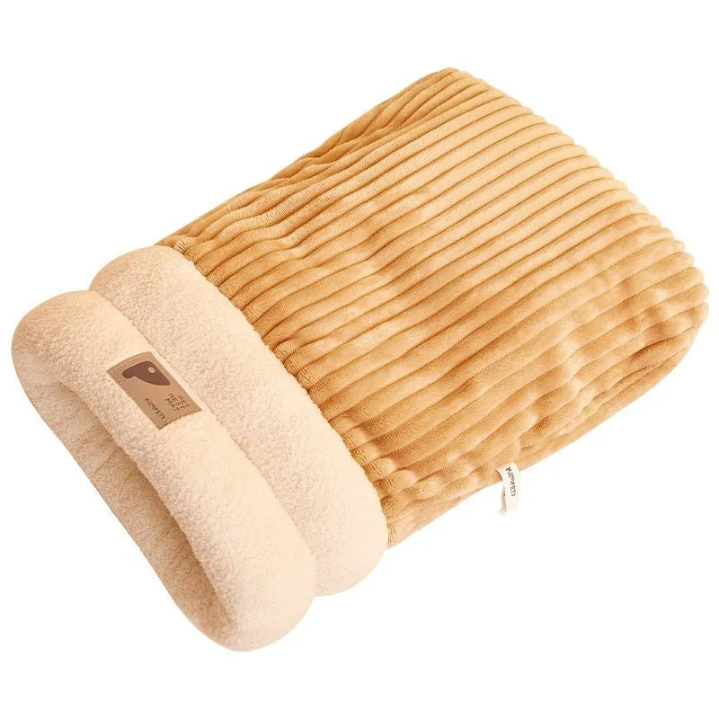 Brown semi-enclosed cat sleeping bag with plush cotton velvet and lambswool construction on a wooden floor.