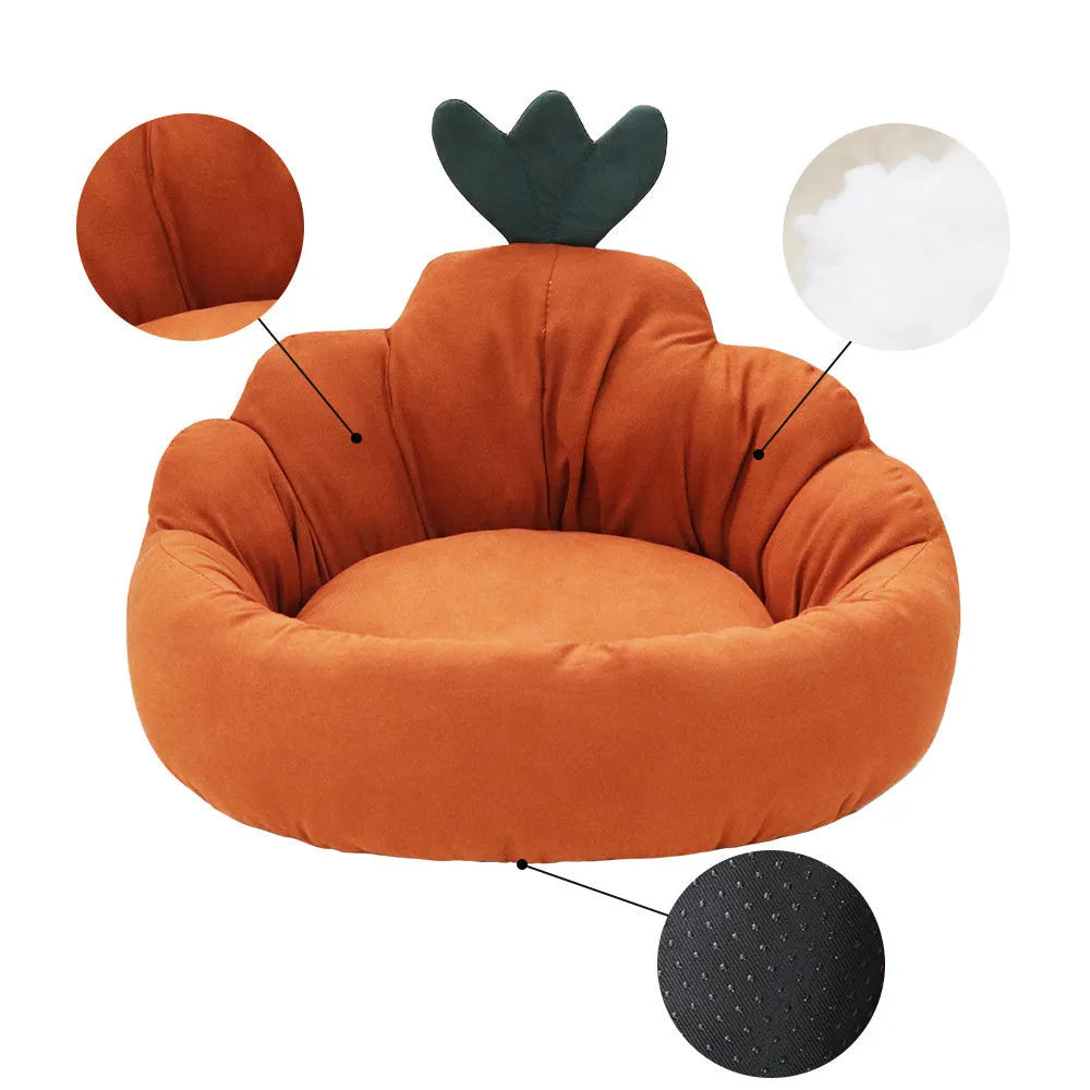 Carrot-shaped kennel bed for small and medium dogs in plush fabric, available in multiple colours and sizes S M L