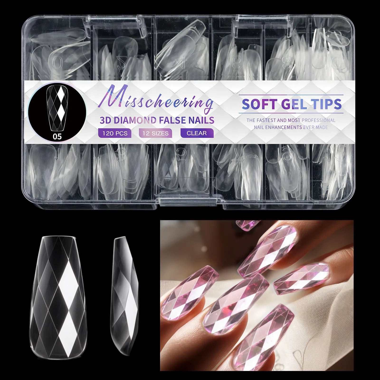 3D diamond texture long false nails in assorted colours, 120-140 pieces per pack