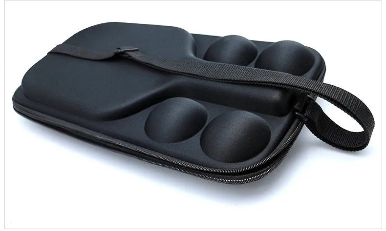 Black EVA pickleball storage case with two shoulder straps, shown with racket and balls inside.