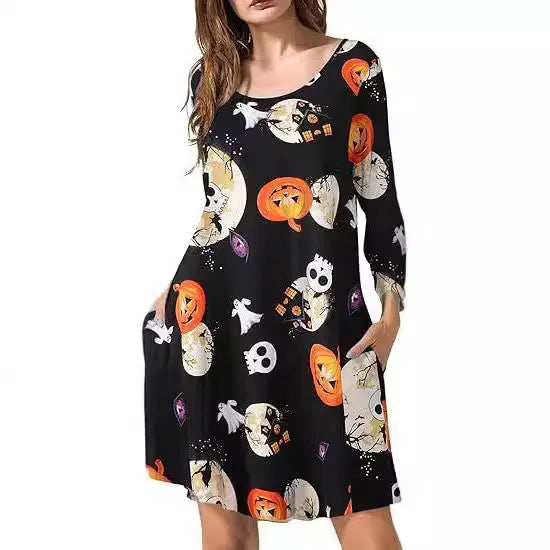 Printed T-shirt dress with A-line skirt, 3D pattern, polyester fabric, available in Halloween and Christmas colours