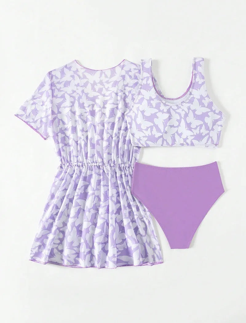 Three piece girls swimsuit cover-up set comprising coat, vest and pants in colour 3218