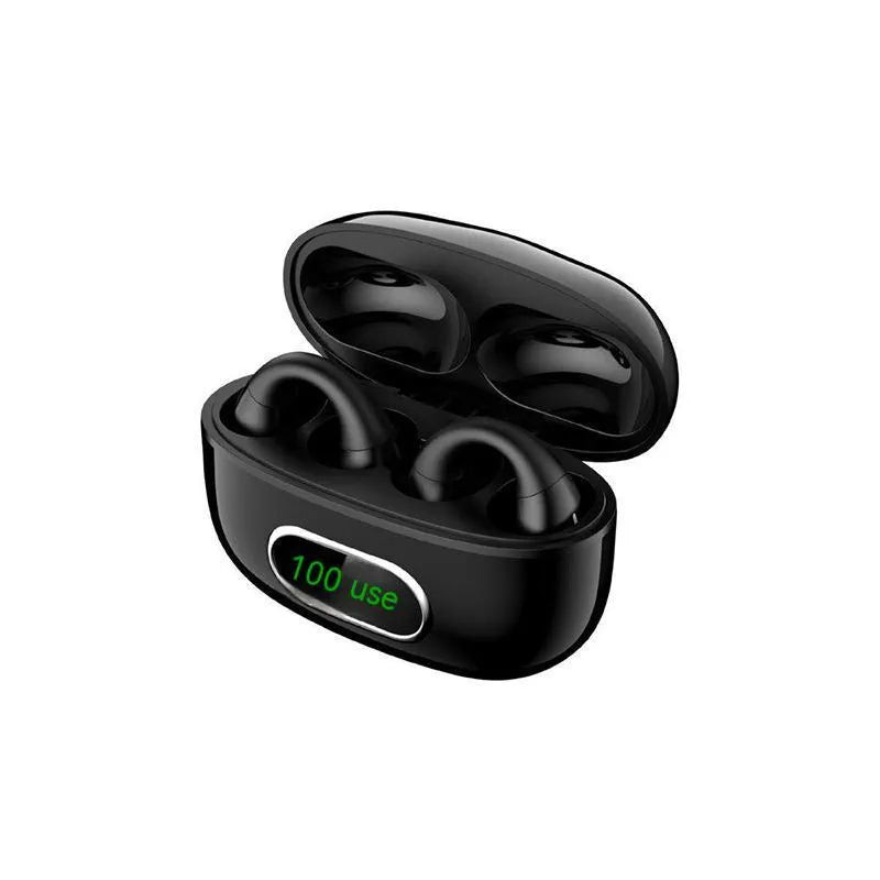 Ear-clip real wireless Bluetooth headset with digital display charging case in black