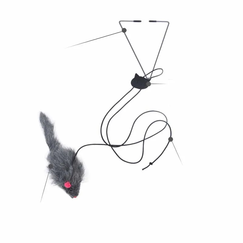 Pet telescopic hanging door cat toy with mouse plush on elastic rope attached to a door frame
