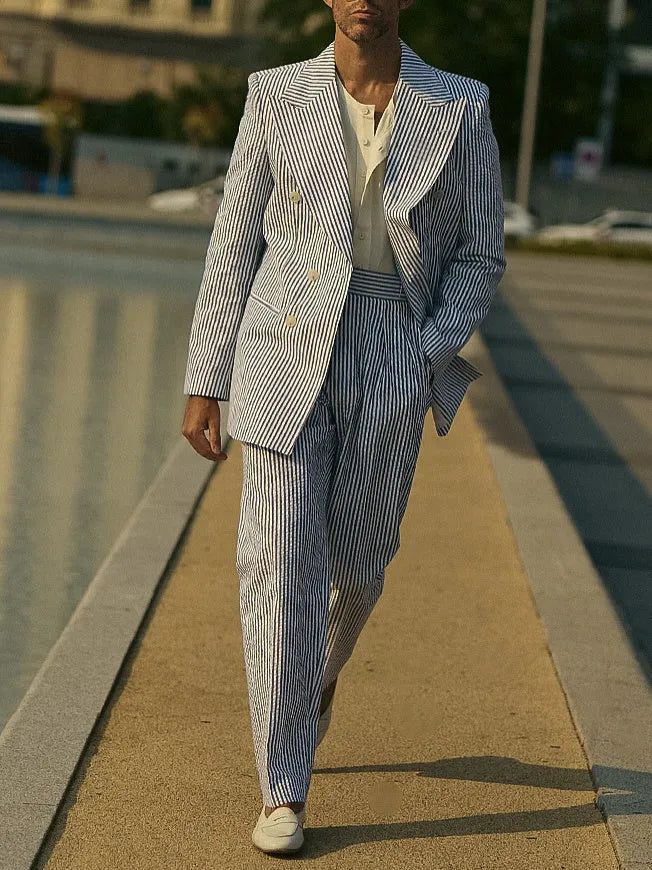 Men's blue and white striped polyester suit set with blazer and trousers