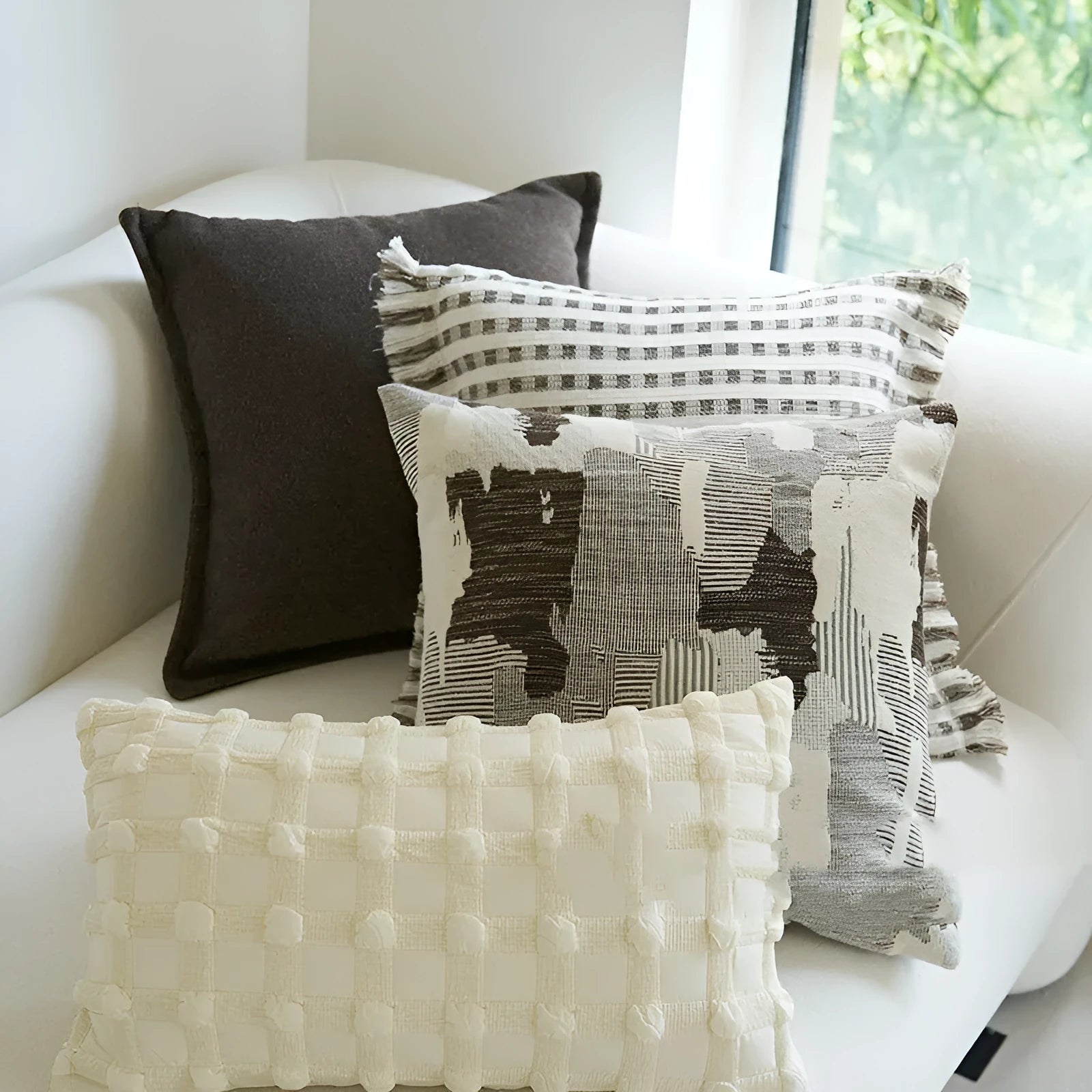 Coffee brown striped decorative cushion on a grey sofa, showing lumbar and square size options.