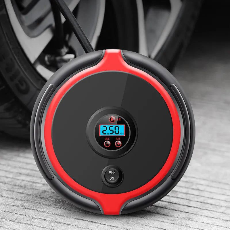 Portable 260 PSI digital car tyre inflator with rubber hose and black plastic body on white background
