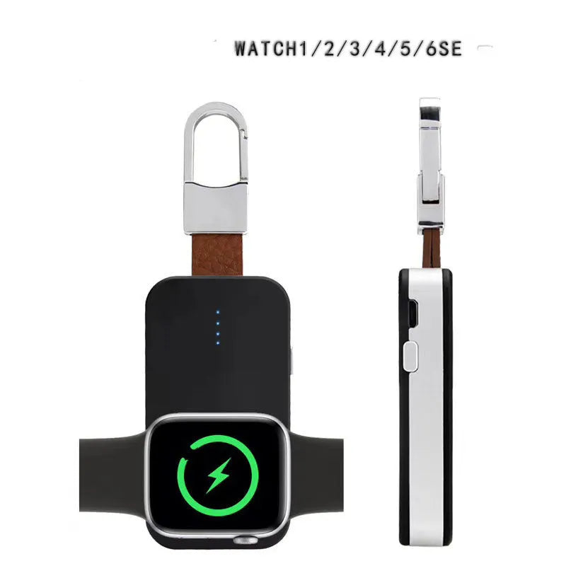 Black portable Apple Watch wireless charging power bank on a keyring.