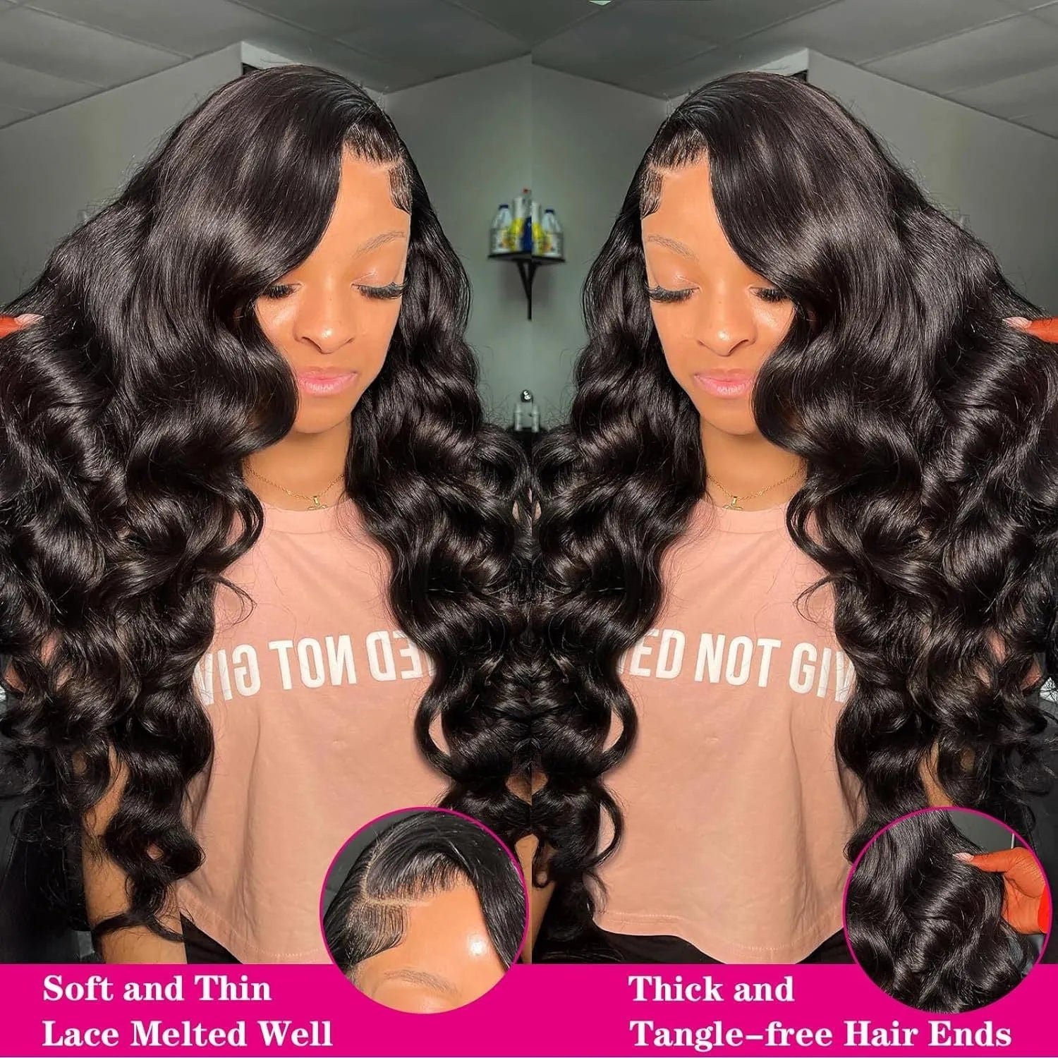Black medium-long curly synthetic wig with a natural lace front hairline, shown from the side.