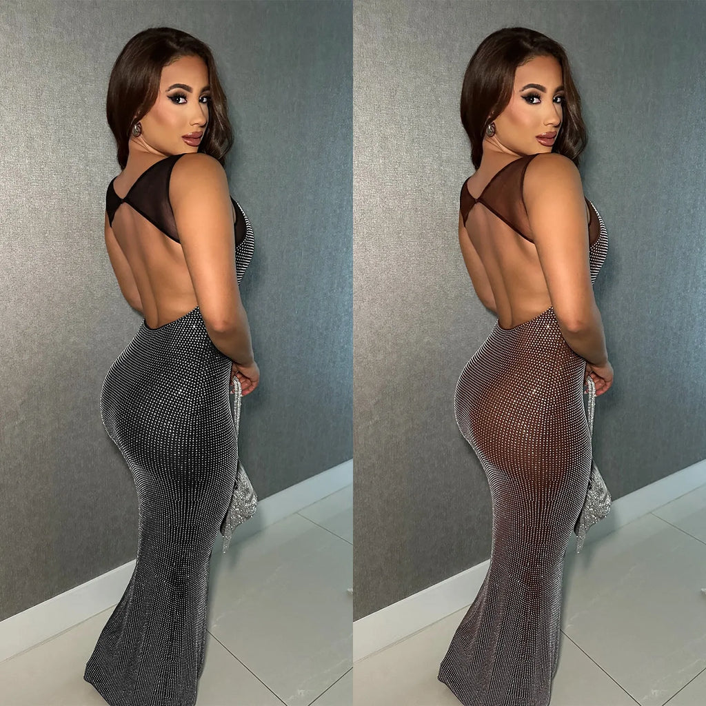 Wear Sexy mesh backless bodycon dress with hot drilling details, long skirt, black colour