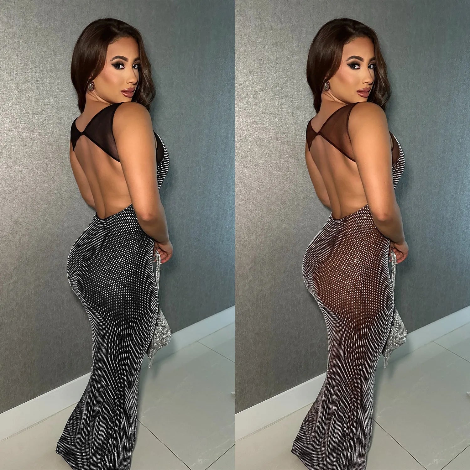 Wear Sexy mesh backless bodycon dress with hot drilling details, long skirt, black colour