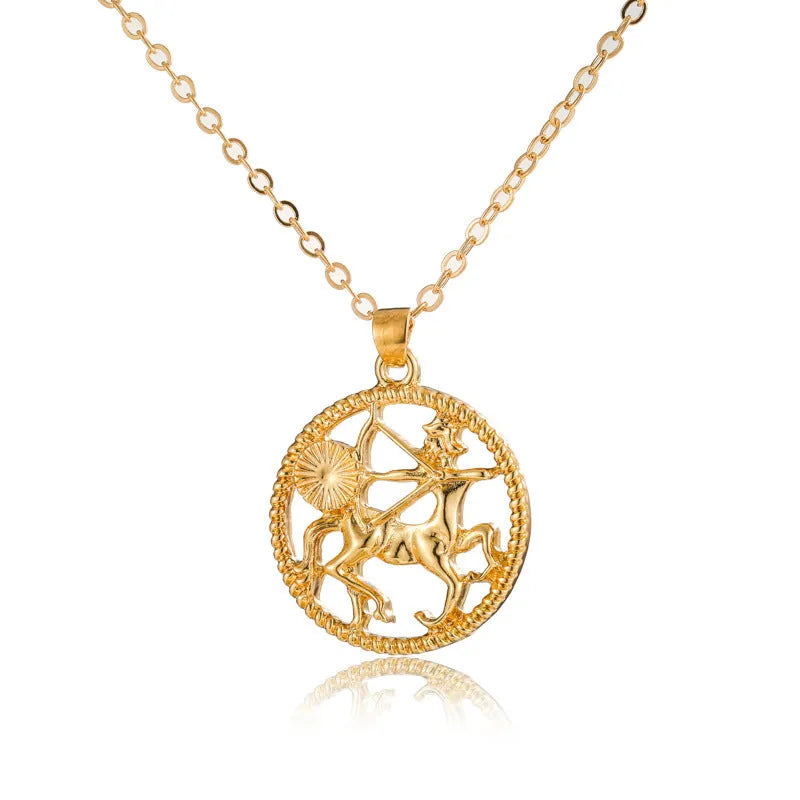 Simple alloy zodiac pendant necklace featuring twelve constellations including Aries, Taurus, Gemini, Cancer, Leo, Virgo, Libra, Scorpio, Sagittarius, Capricorn, Aquarius, and Pisces