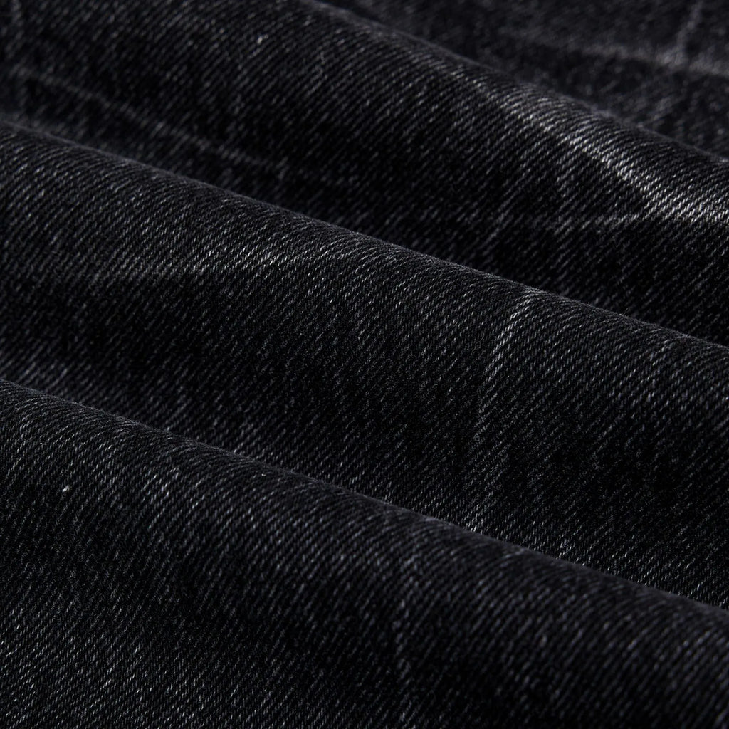 Men's black American washed straight-leg jeans with lightning crack pattern detail