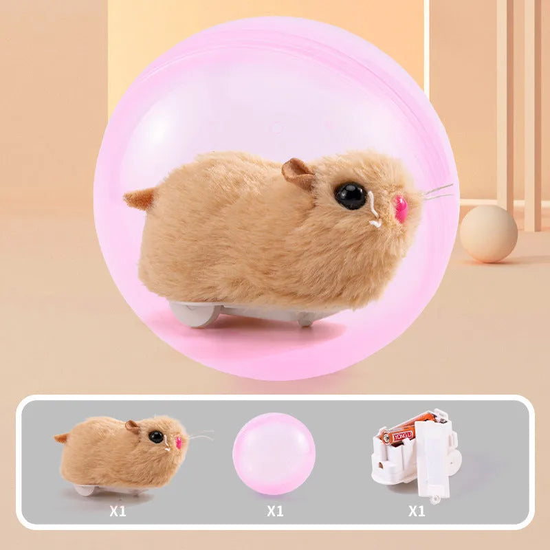 Small pet hamster rolling ball toy with transparent plastic sphere and removable plush shell.